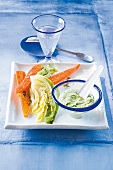 Spring vegetables with herb dip on square plate