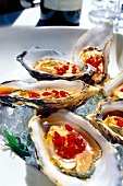 Close-up of oysters on ice with chilly, soy paste and olive oil