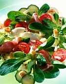 Close-up of tomato salad with mozzarella and parma ham