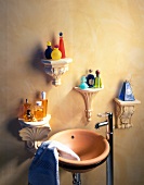 Terracotta wall with small wall shelves and sink in bathroom