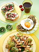 Buns with cottage cheese, cherry juice, prawn crackers with fried egg, vegetables and kiwi