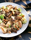 Close-up of beef with oyster mushrooms, Chinese cabbage and cashew nuts on plate