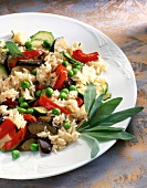 Close-up of vegetable risotto with peas, peppers, zucchini, onions and eggplant on plate