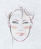 Sketch of woman's long face with short hair wearing rouge