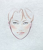 Sketch of woman's heart shaped face with short hair wearing rouge