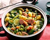 Close-up of leek stew with vienna sausage in soup bowl