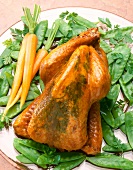 Close-up of roasted guinea fowl with sugar peas and carrots on plate