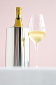 Eine Flasche Weißwein in einem Flaschenkühler u. e. gefülltes Glas