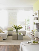 Living room with light green painted wall, white sofa and cushion