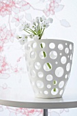 Close-up of white dot bowl with flower in front of wallpaper with tendrils