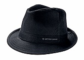 Close-up of black hat on white background