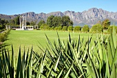 View of Huguenot Monument with mountains in the background, Franschhoek, South Africa