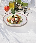 Paprika, bulgarischer PaprikaSalat, Schafkäse, Tomate, Oliven