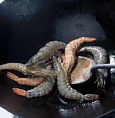 Shrimp being fried with spatula in wok, step 1