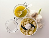 Garlic cloves in electric shedders against white background