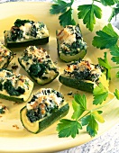Close-up of zucchini stuffed with spinach and cream cheese