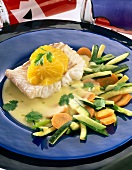 Ling Fish filet with fruit, zucchini, carrots, cilantro and sauce on plate