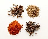 Different piles of spice like cloves, peppers, paprika and cumin on white background