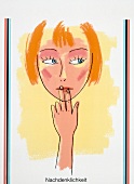 Illustration of woman with hand on mouth, looking away