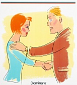 Illustration of man and woman shaking hands, hand on shoulder