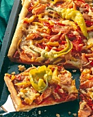 Baked pizza with pepper and turkey breast on serving tray
