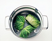 Stuffed savoy raw cabbage leaves in steam strainer