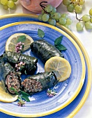 Stuffed vine leaves with rice and minced beef with lemon slices on plate