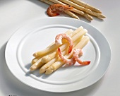 White asparagus and shrimp on plate