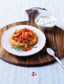 Potato cake with peppers and dill on plate