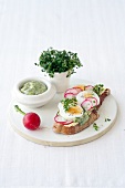 Eggs and radish on bread beside mayonnaise and tarragon