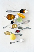 Ingredients of vinaigrettes on spoon and shovel