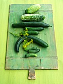 Various types of cucumbers on a green wooden board