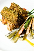 Close-up of fried salmon with vegetables in restaurant Anice Stellato, Venice