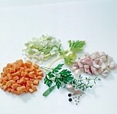 Fresh chopped vegetables and herbs on white background, step 1