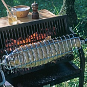 Salmon trout in grill basket