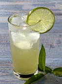 Holler breeze with ice cubes in glass and lemon slice on rim