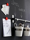 Notes and cutlery holders on kitchen wall coated in blackboard paint
