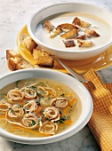 Allgäu cheese soup and Flädlesuppe (Swabian soup made with pancake strips) with vegetables