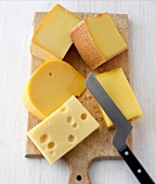 Varieties of hard cheese on cutting board with knife