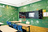 Classroom wall with chalk drawing and text in Dresden, Germany