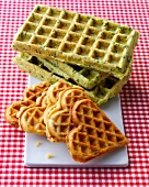 Heart shaped waffles with onions and spinach waffles on tray