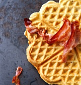 Close-up of English waffles with bacon
