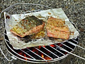 Fennel salmon with mustard on aluminium foil for grilling