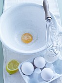 An egg in a bowl with a whisk