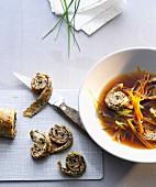 Vegetable soup with herb pancakes (Asia)