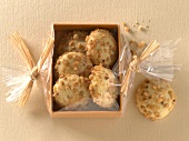 Nougat balls in box, overhead view