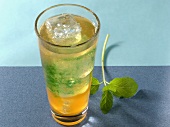 Laying a Lawn drink with mint and ice cubes in glass