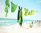 Grüne gemusterte Bikinis hängen auf einer Wäscheleine