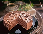 Chocolate layer cake on cake stand