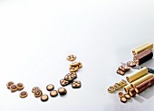 Variety of cookie rolls and sliced rolls on white background